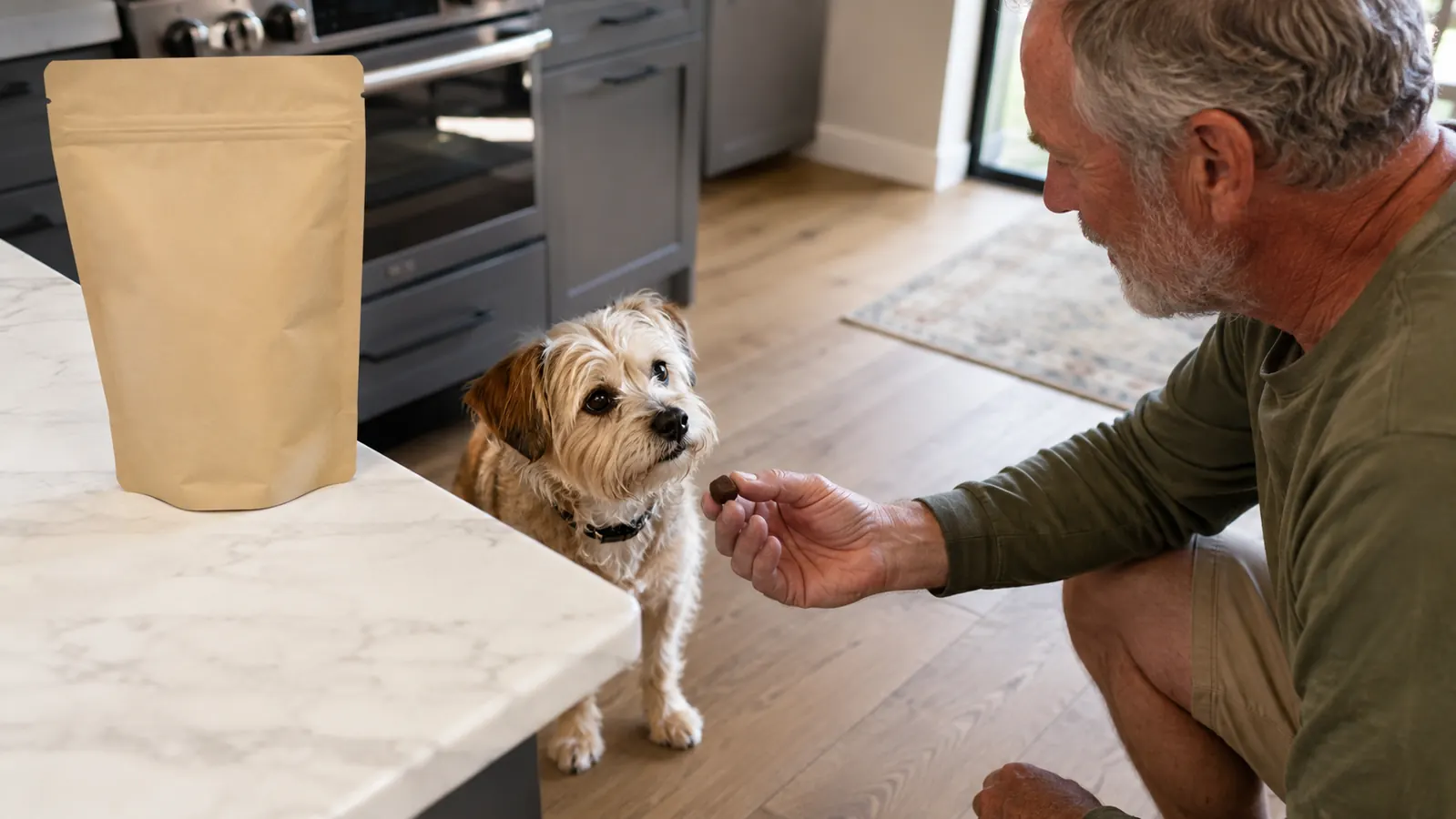 A hand offering a soft chew treat to a small terrier mix in a kitchen