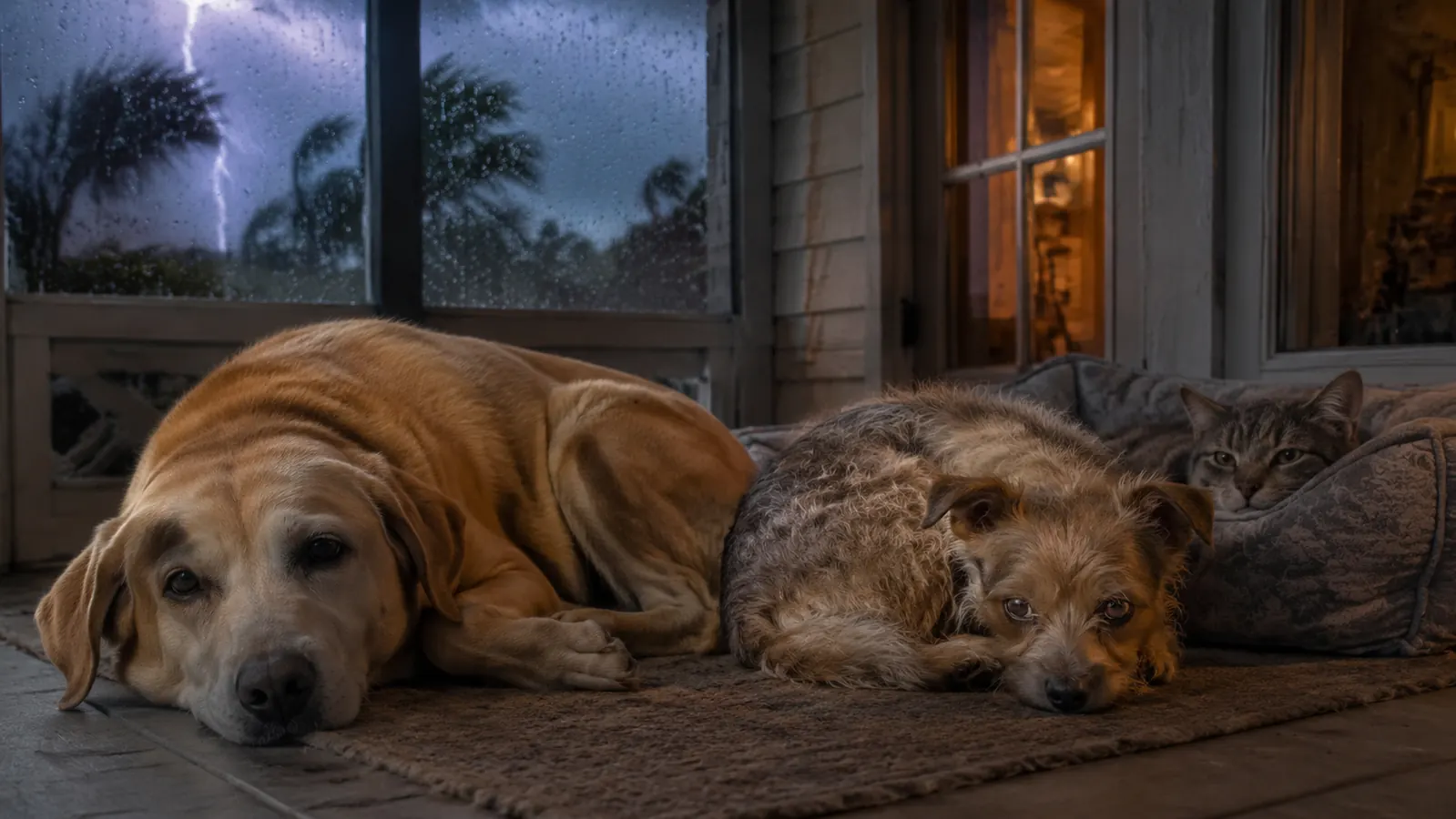 A small terrier mix resting calmly on a porch rug during a rainy evening, soft window light