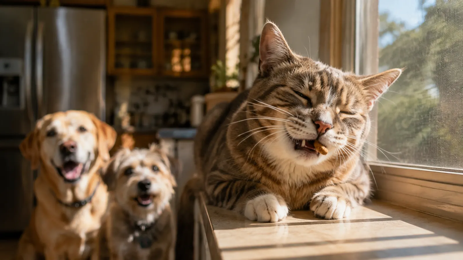 A calico cat crunching a dental treat on a sunlit kitchen windowsill