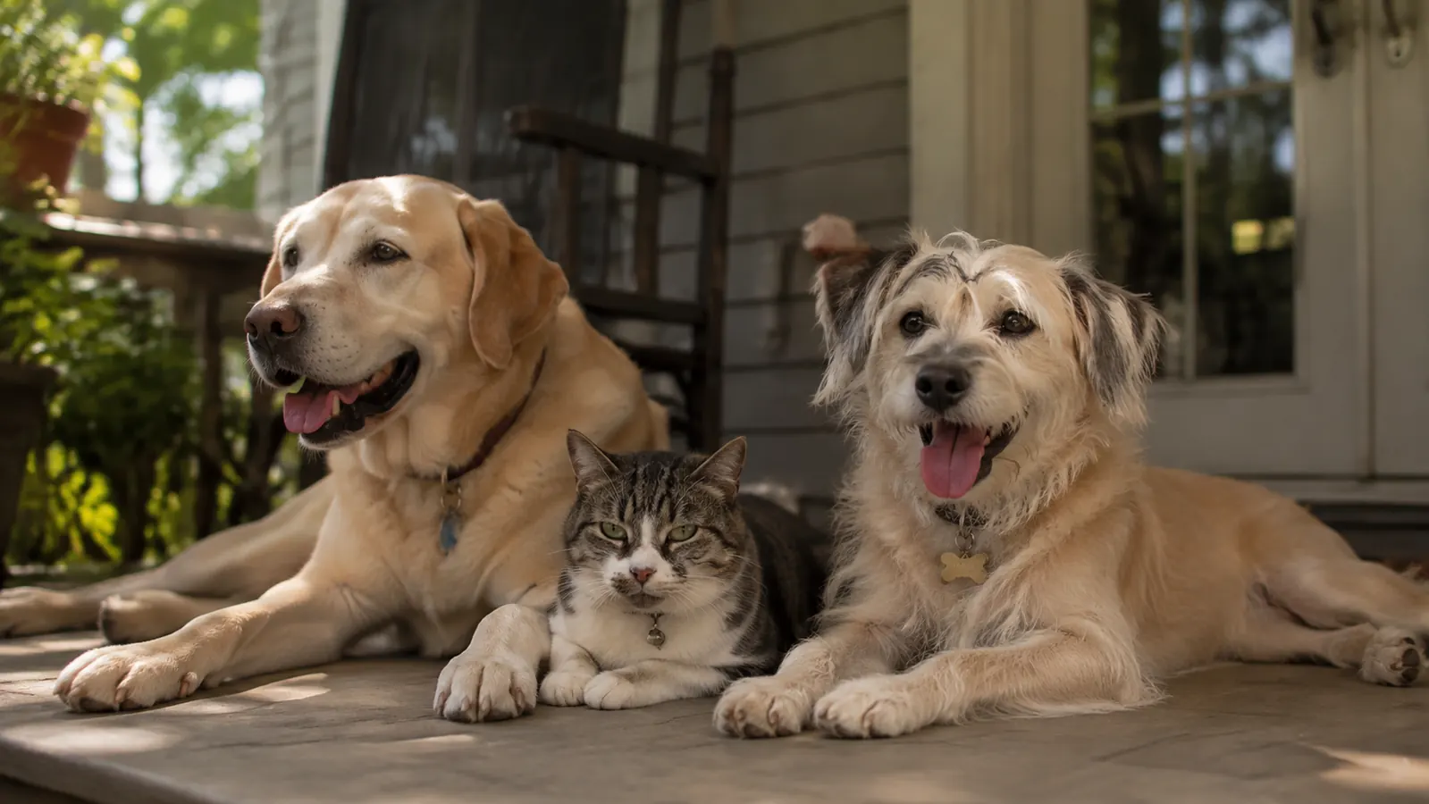 Senior dog resting comfortably on a porch after an afternoon walk