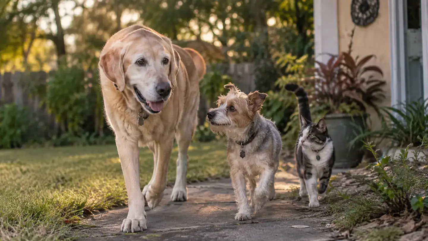 Senior Labrador mix walking slowly along a sunlit backyard path in the morning