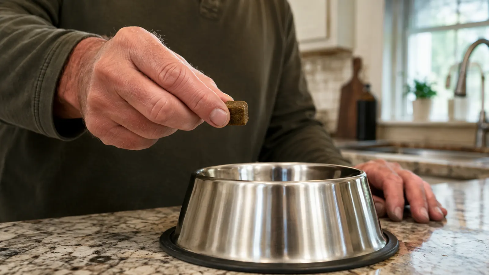 A hand holding a soft probiotic chew above a dog's stainless steel food bowl