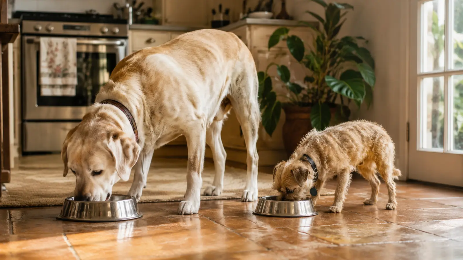 A senior Labrador mix and a terrier mix eating breakfast together in a sunny kitchen