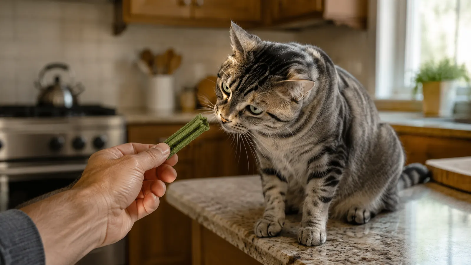 A hand offering a dental treat to a cat sitting on a kitchen counter beside a stainless food bowl