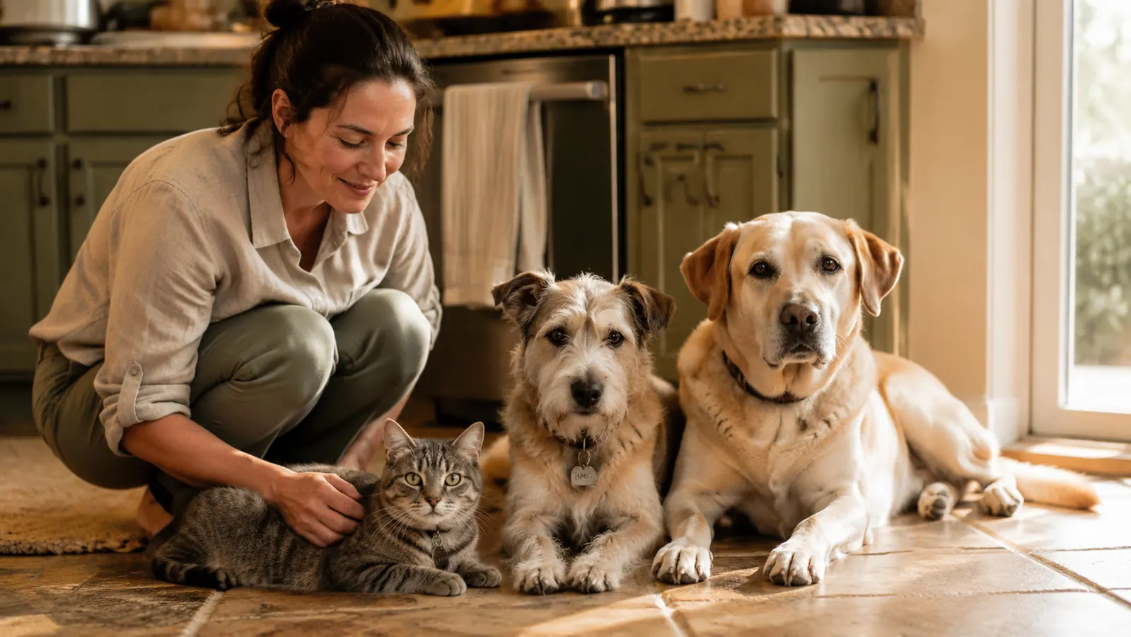 A woman kneeling on a kitchen floor in Florida morning light, gently checking her indoor cat's face near a sunny window
