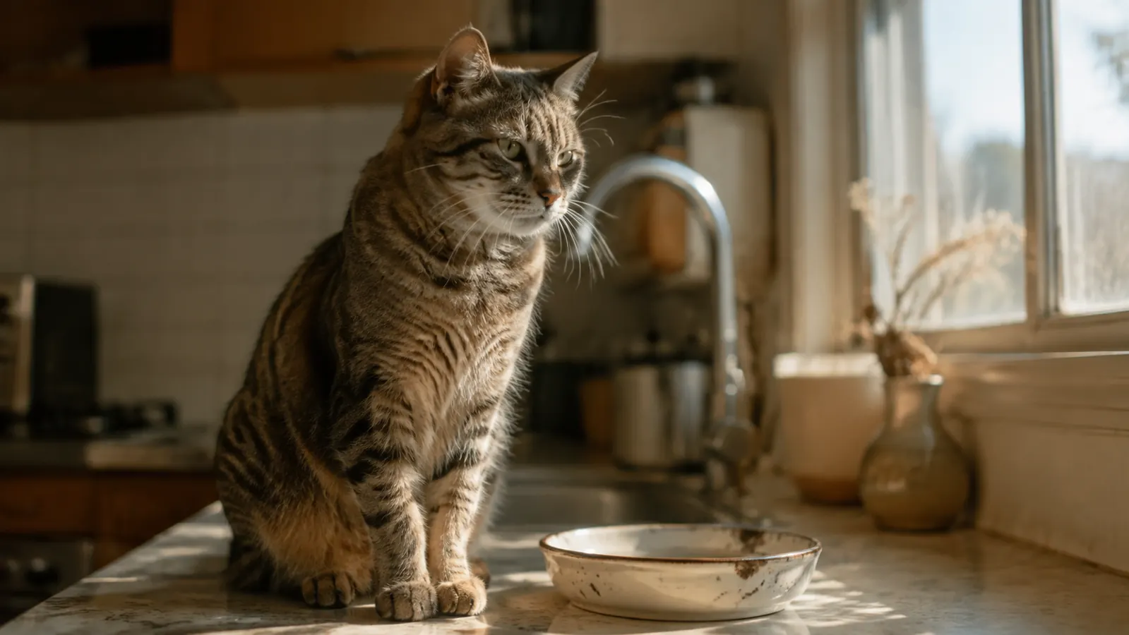 A senior indoor cat sitting alert on a kitchen counter near a small dish of treats.