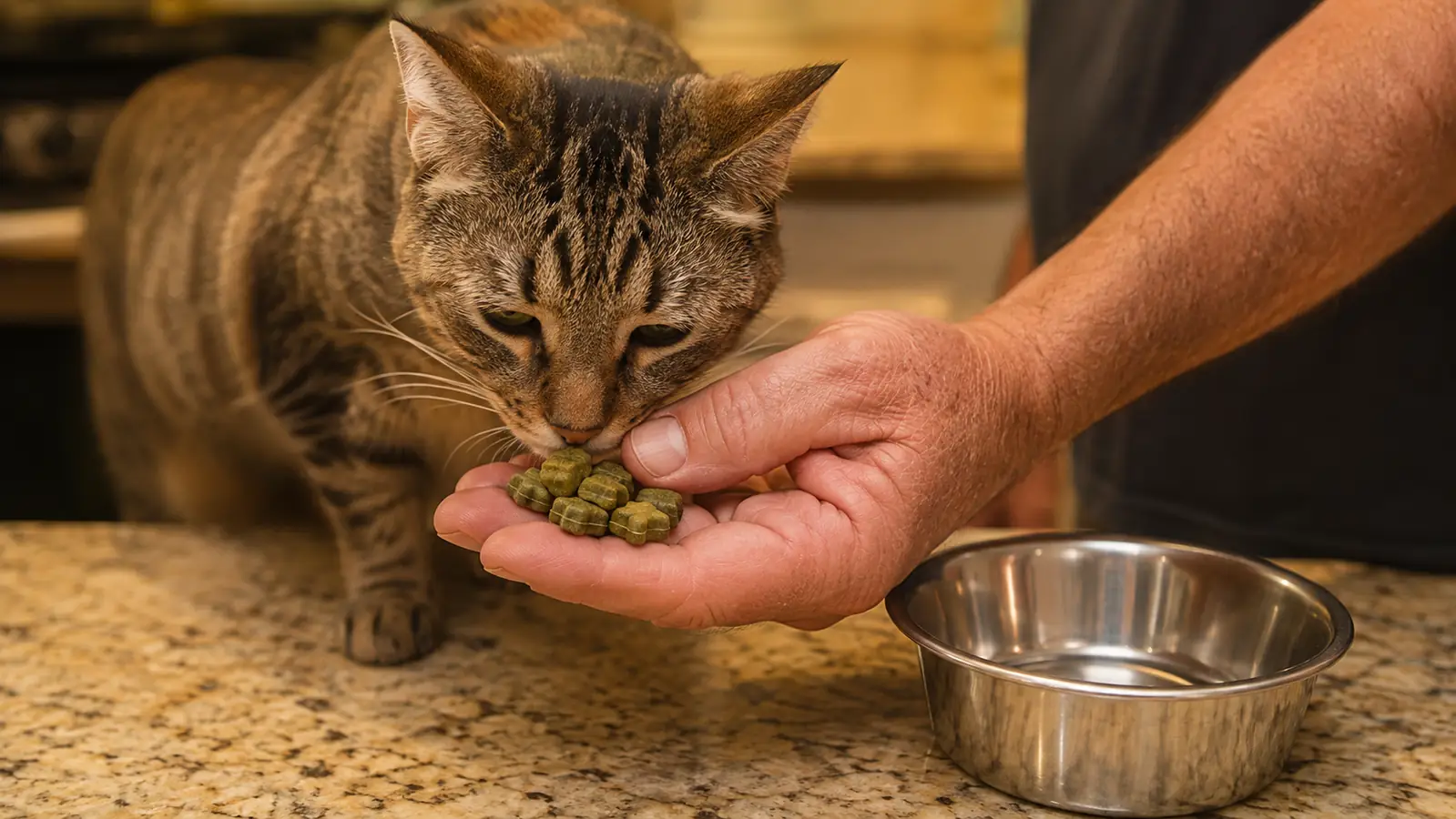A hand offering dental treats to a cat next to its food bowl in the kitchen.
