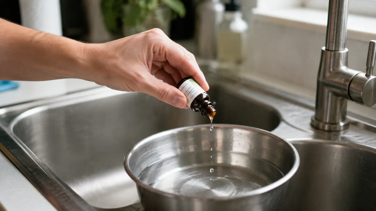 A stainless steel pet water bowl being filled at a kitchen sink with a small bottle nearby