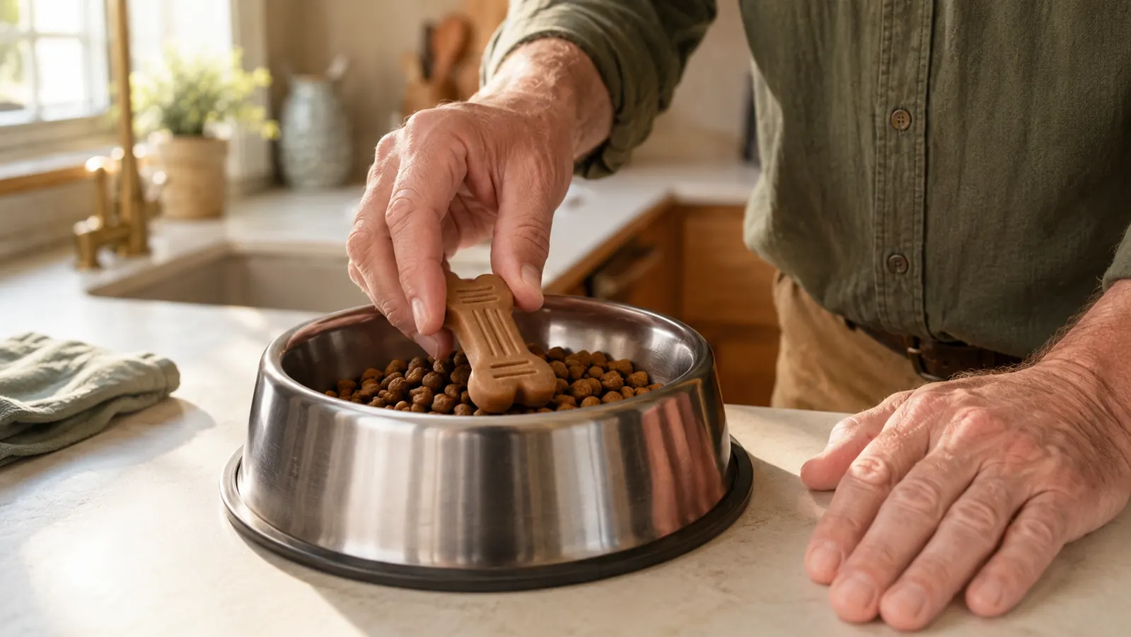 A hand sprinkling a hip and joint chew on top of kibble in a stainless steel bowl