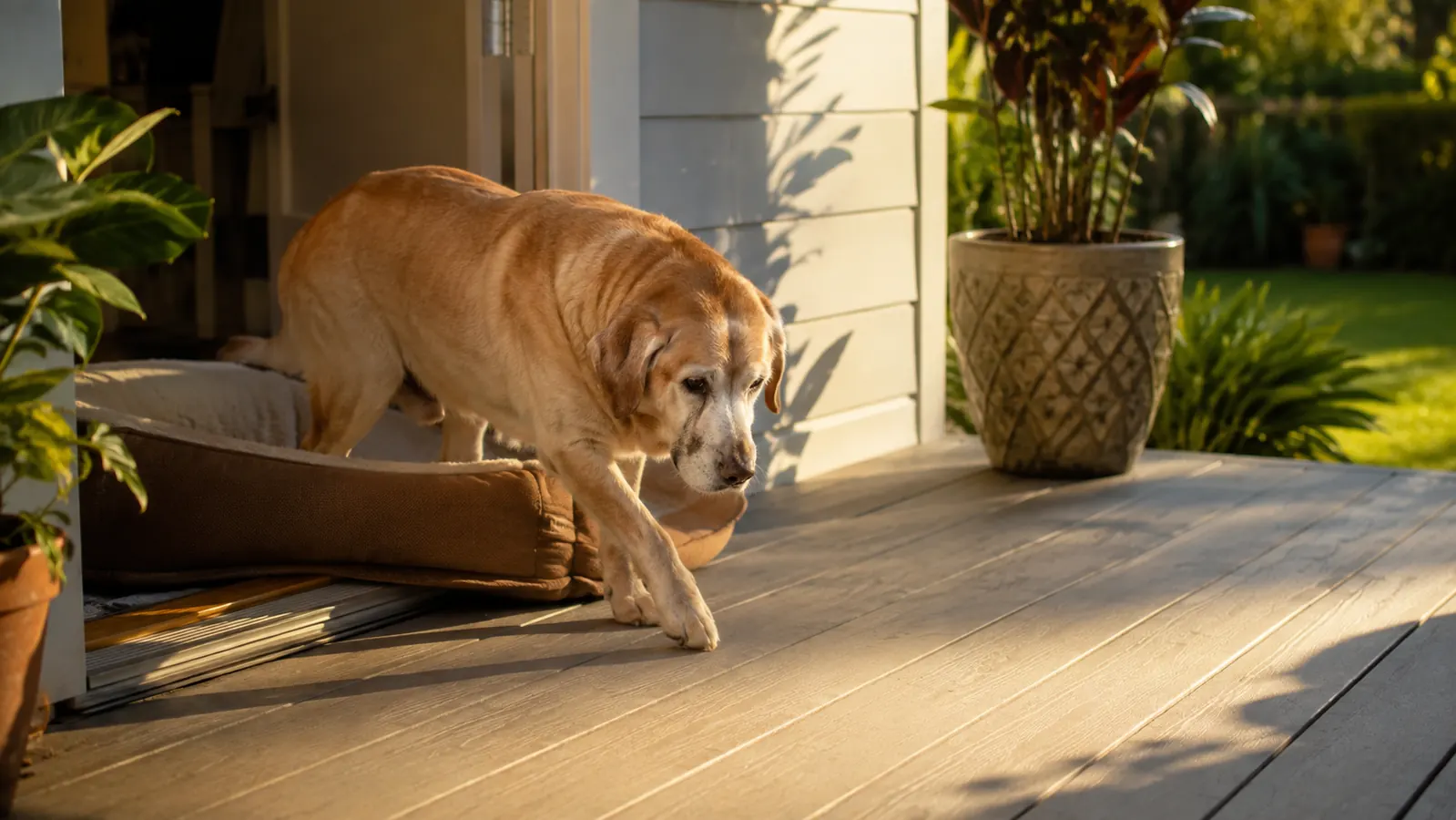 A senior Labrador mix stretching slowly on a porch in soft early morning light