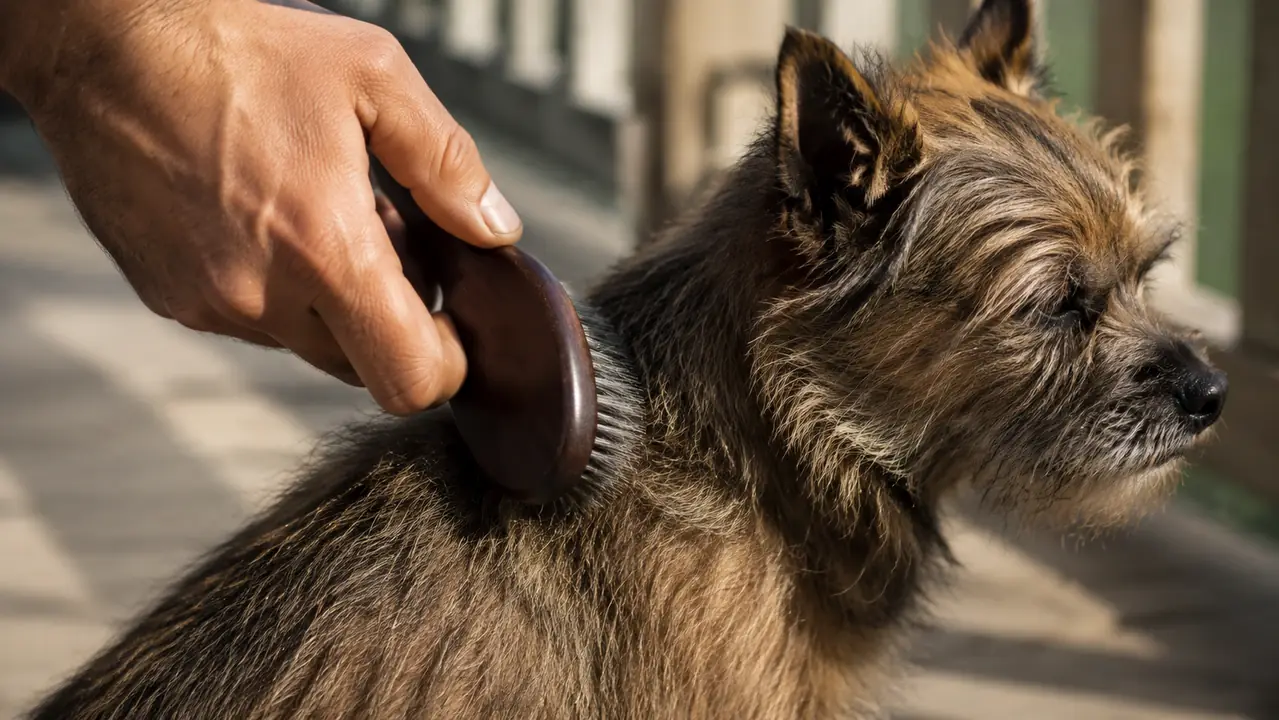 Close-up of a person gently brushing a terrier mix dog's coat on a porch