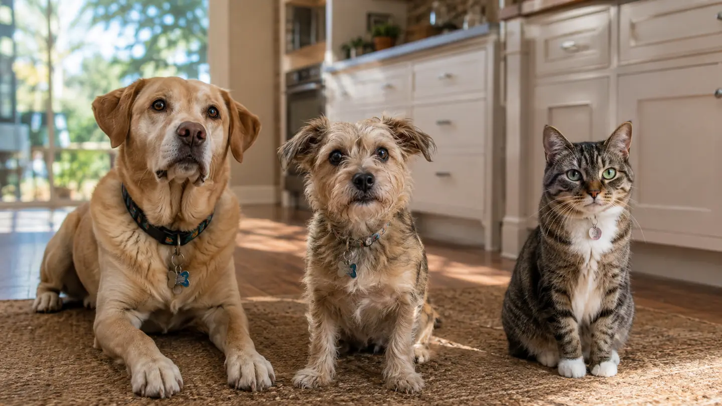 A terrier mix dog sitting on a sunlit kitchen floor with a shiny, healthy coat