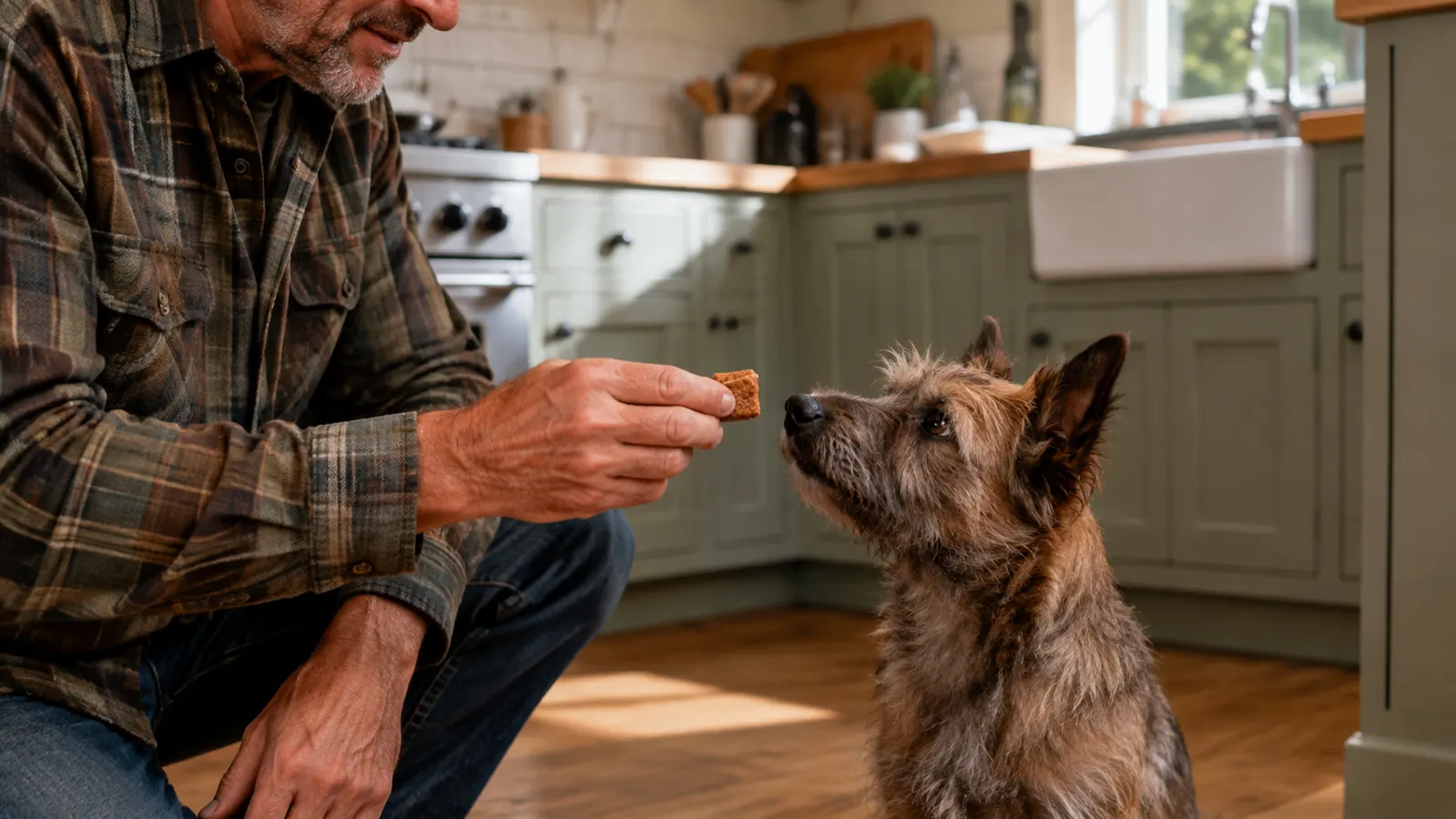 A hand offering a soft calming chew to a dog standing beside a kitchen counter