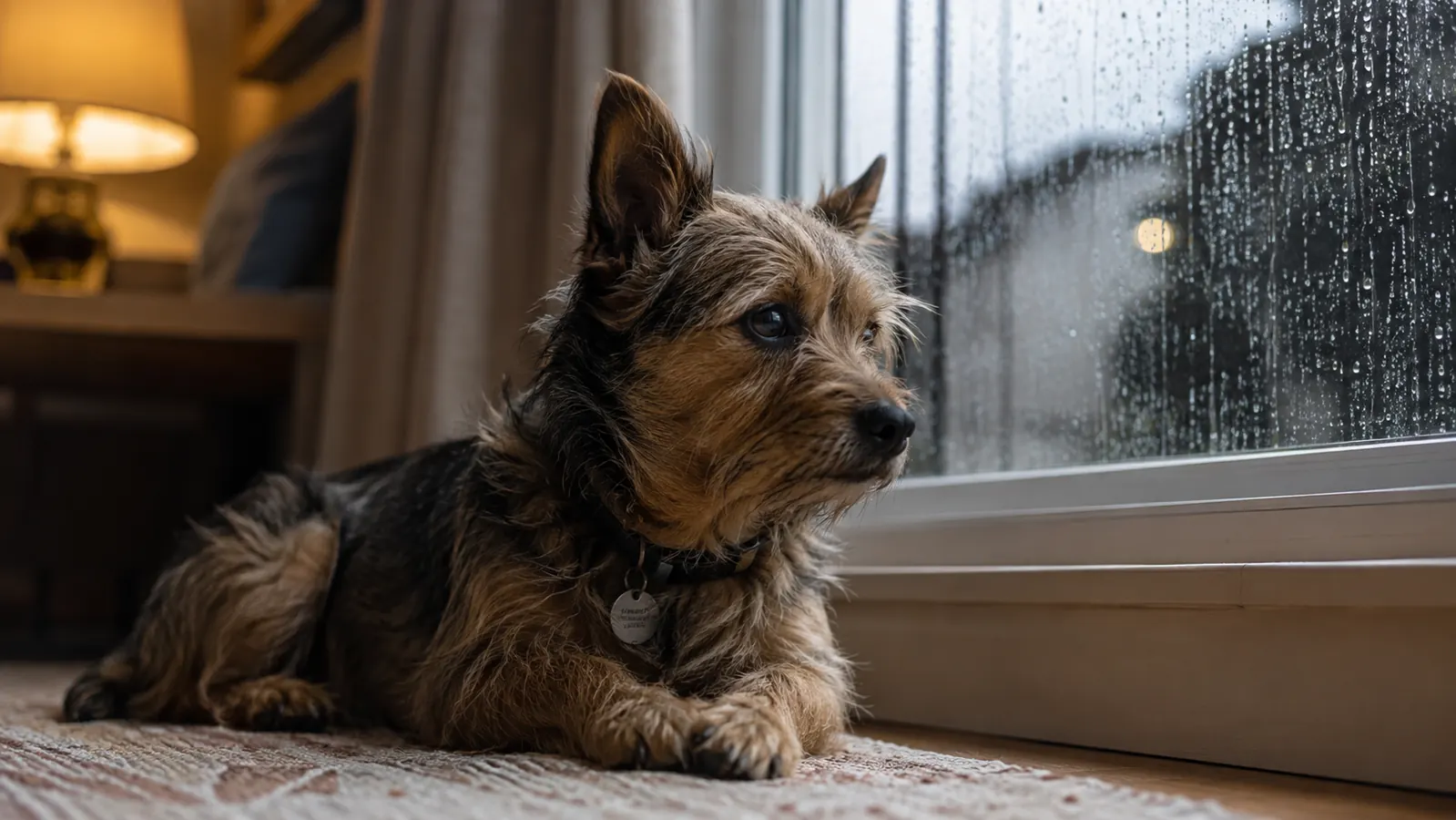 A dog lying calmly on a rug near a window while rain streaks the glass outside