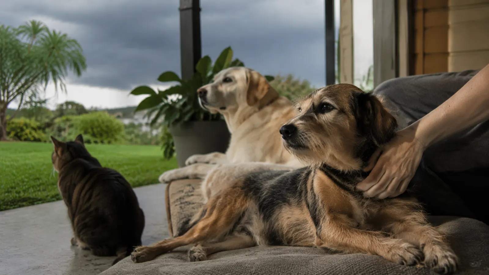 A calm terrier mix dog lying on a covered porch during an overcast Florida afternoon, a woman's hand resting gently on its back