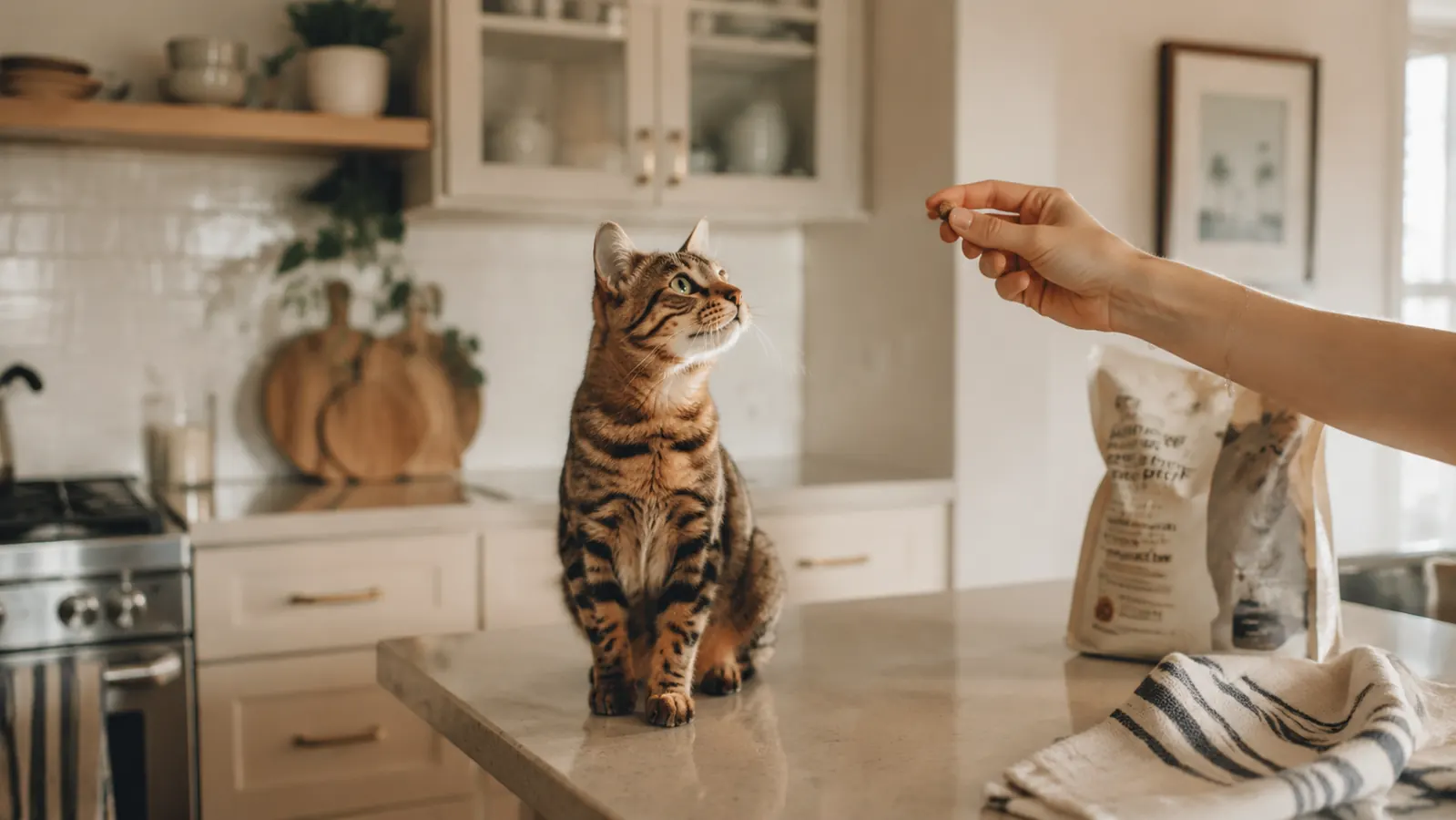An indoor cat sitting on a sunlit kitchen counter waiting for a dental treat from its owner's hand