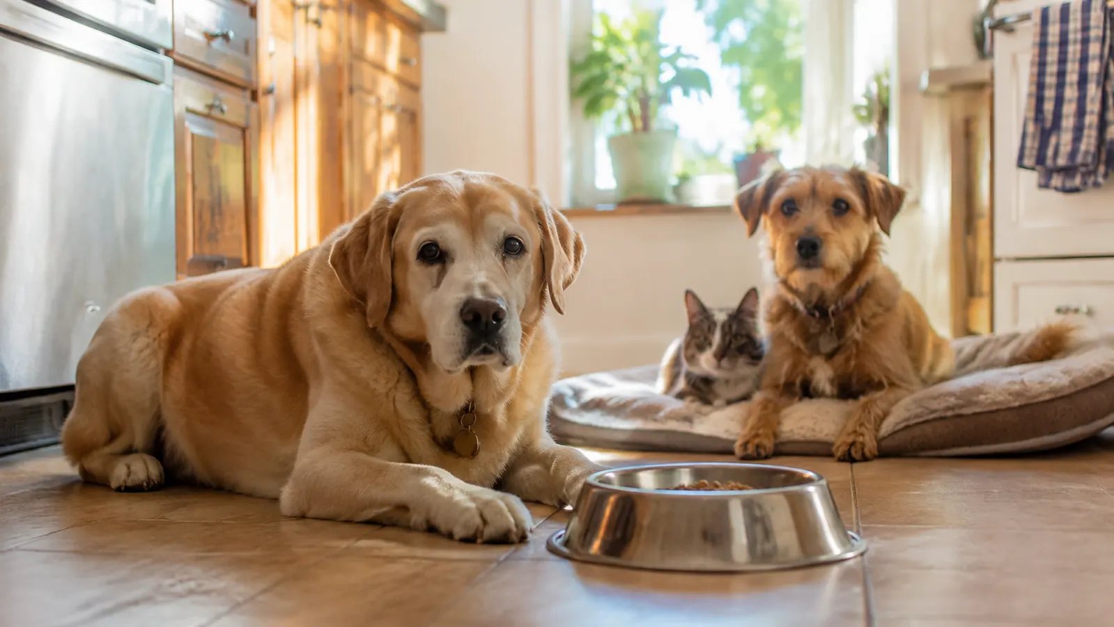 A senior Labrador mix resting calmly beside his food bowl in a sunlit kitchen