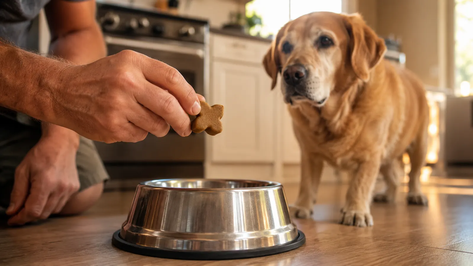 A hand holding a hip and joint chew above a stainless steel bowl during a senior dog's breakfast