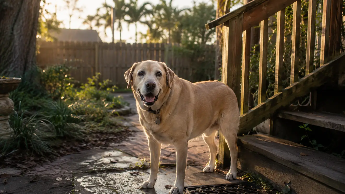 Senior Labrador mix dog pausing at the bottom of wooden porch steps in early morning light