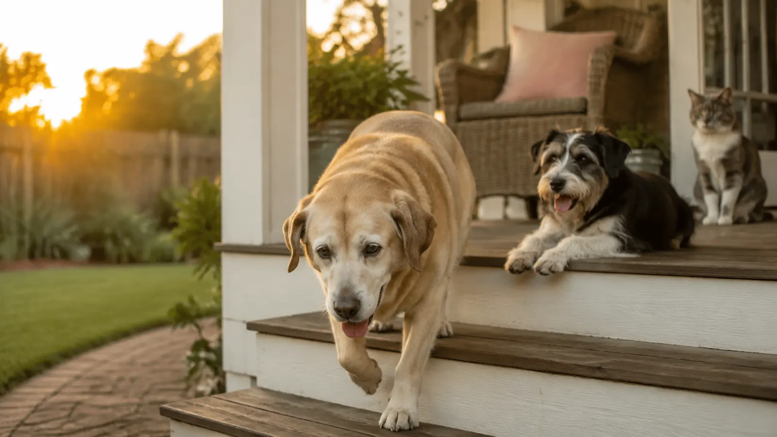 A senior Labrador mix walking down porch steps without hesitation in evening light