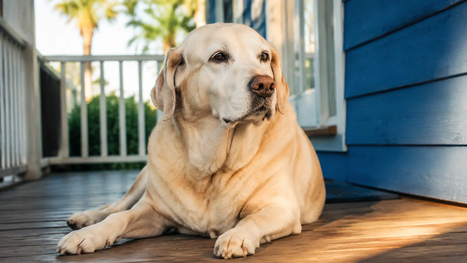A senior Labrador mix resting comfortably on a porch in soft morning light
