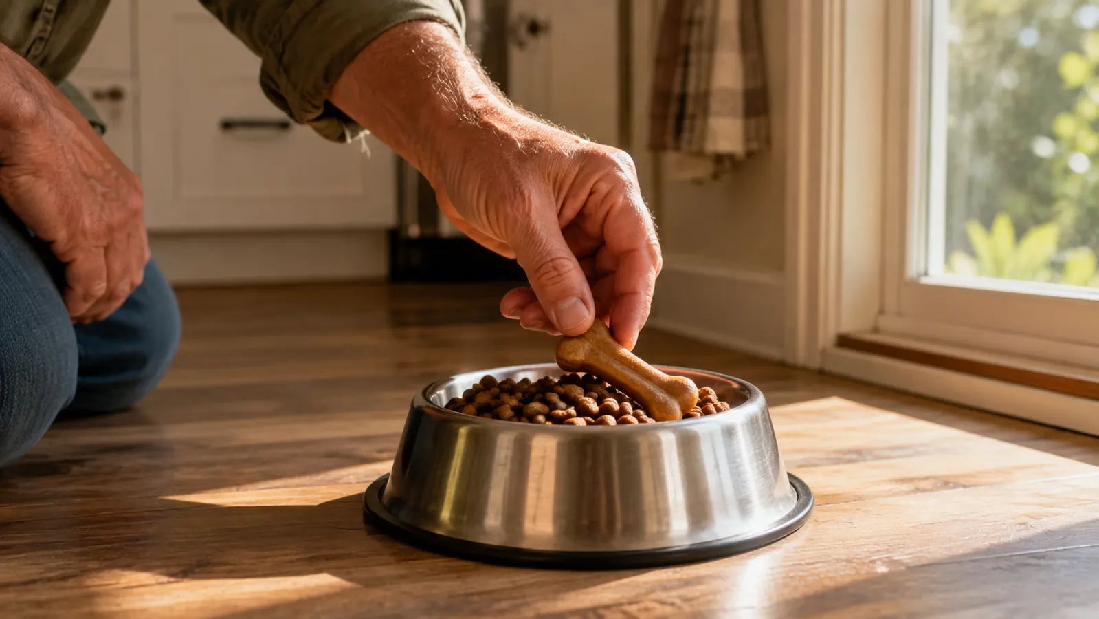 A hand placing a hip and joint chew into a dog's stainless steel food bowl
