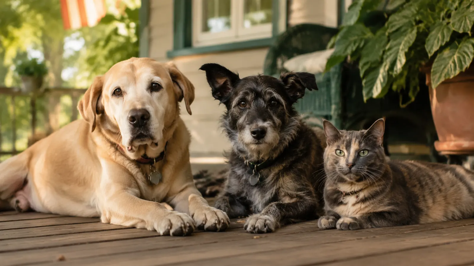 A senior Labrador mix resting comfortably on a sunlit porch in the early morning