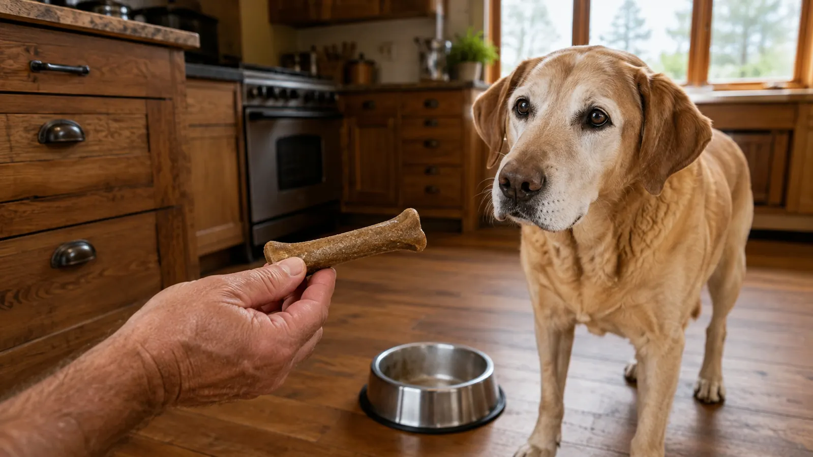 A hand offering a hip and joint soft chew to a senior Labrador mix in a kitchen