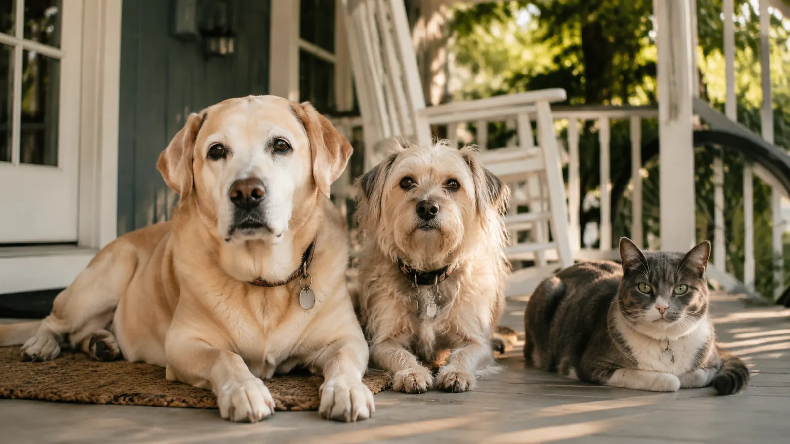 A senior Labrador mix resting comfortably on a porch in soft morning light