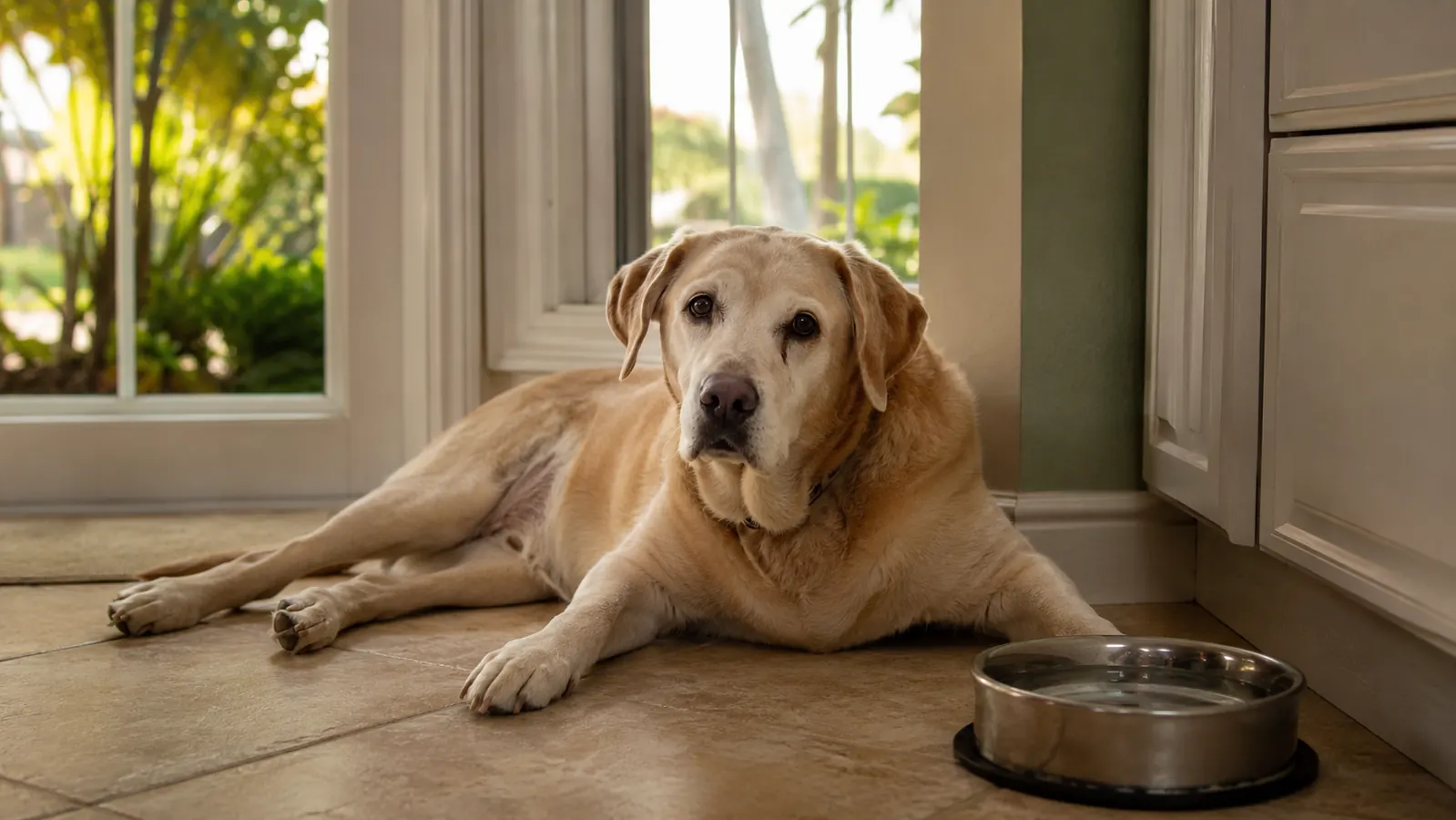 A senior Labrador mix resting calmly on a kitchen floor in soft morning light