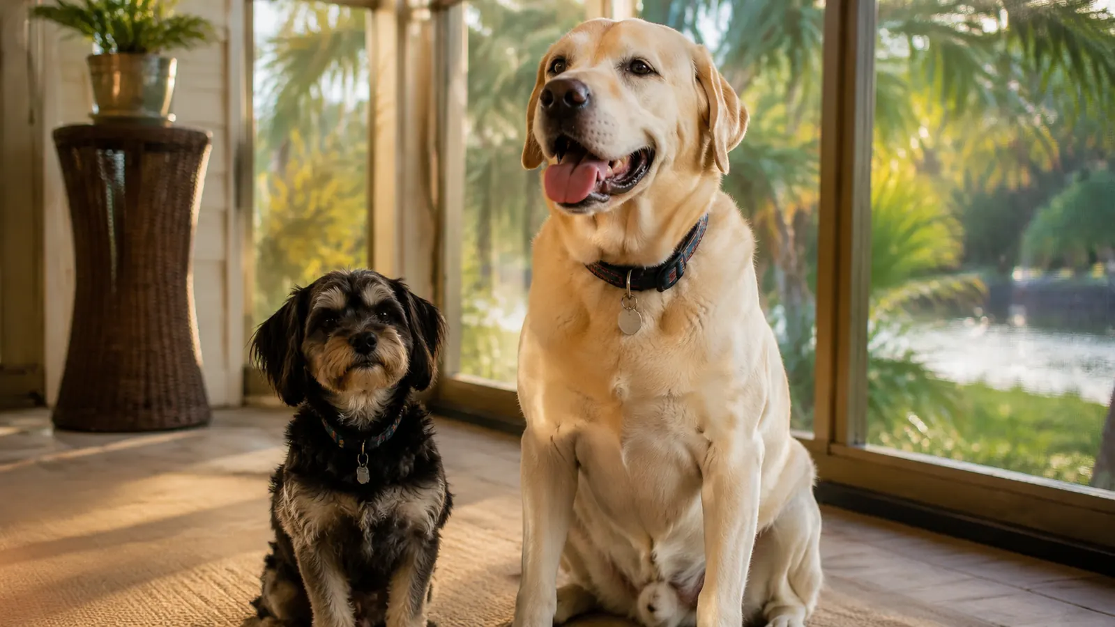 A terrier mix dog and a Labrador mix dog sitting side by side on a porch in late afternoon light