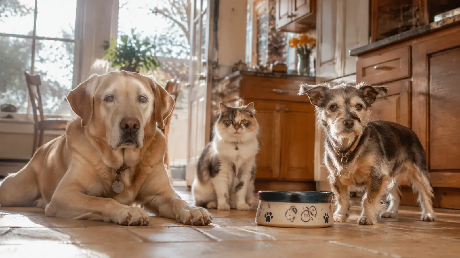 A terrier mix dog standing beside a stainless steel food bowl in a warm farmhouse kitchen, morning light through a window
