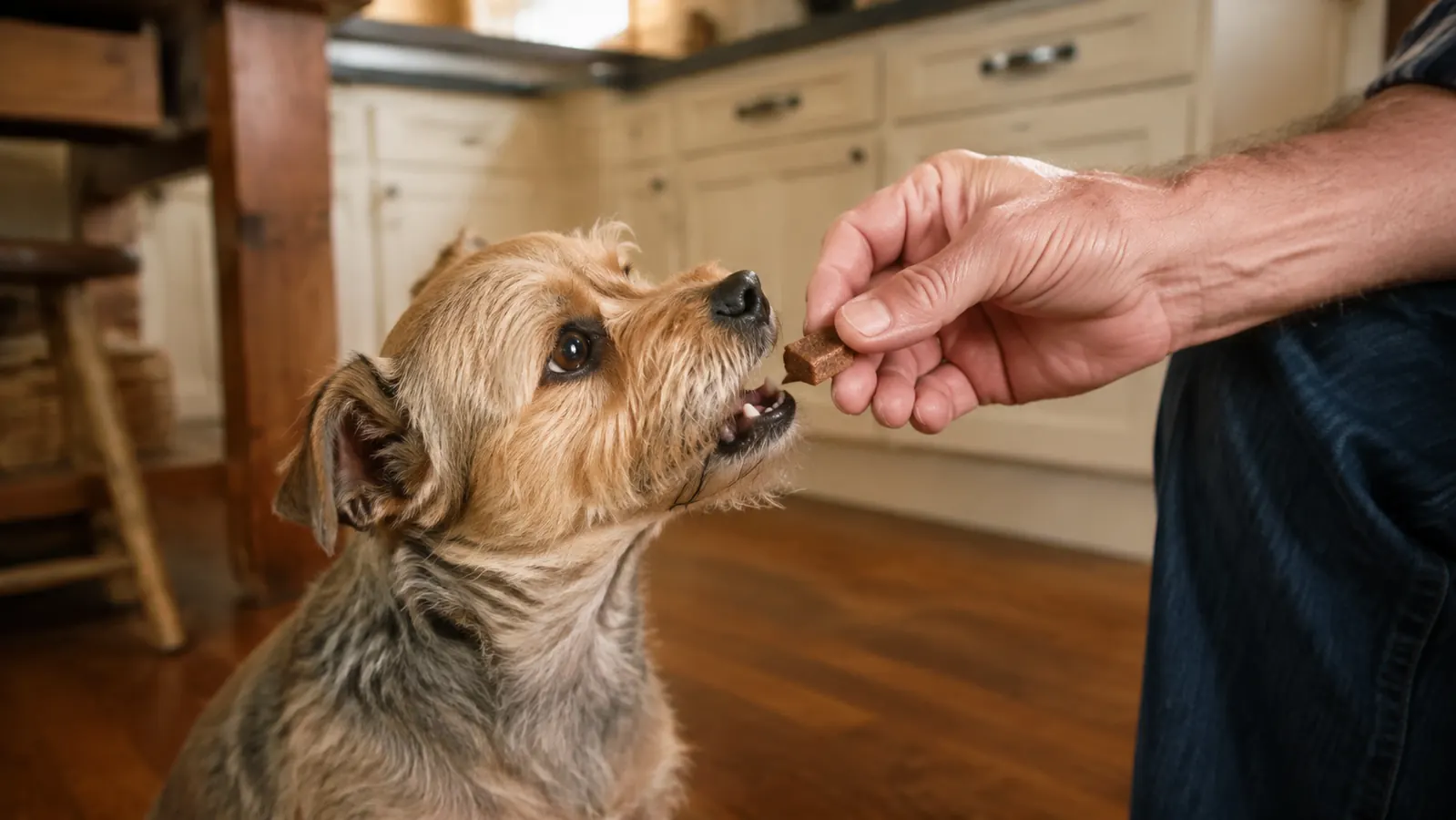 A hand holding out a soft probiotic chew for a terrier mix dog to eat from a kitchen floor