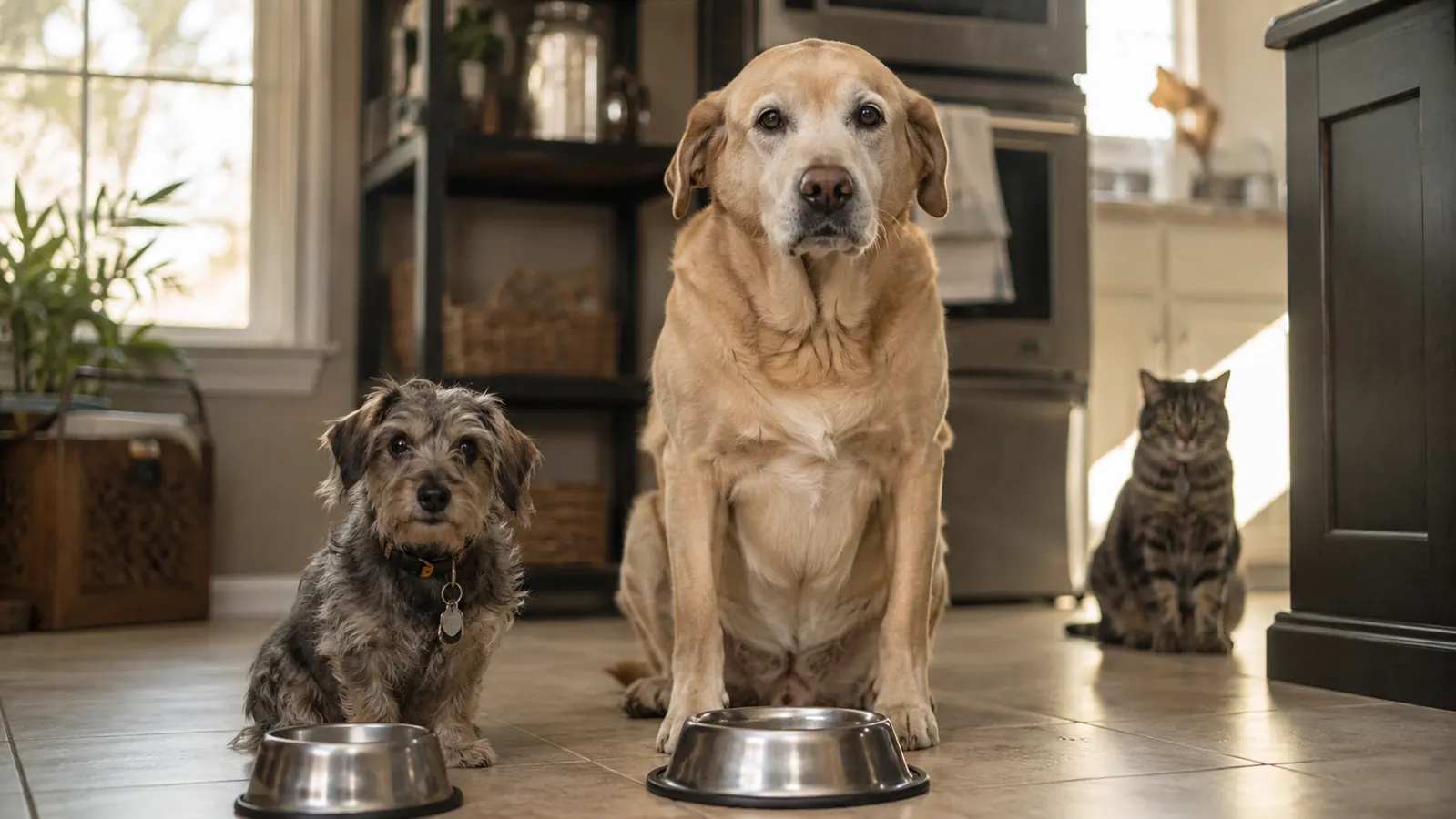 A terrier mix dog and a Labrador mix dog waiting by their food bowls on a kitchen floor at feeding time