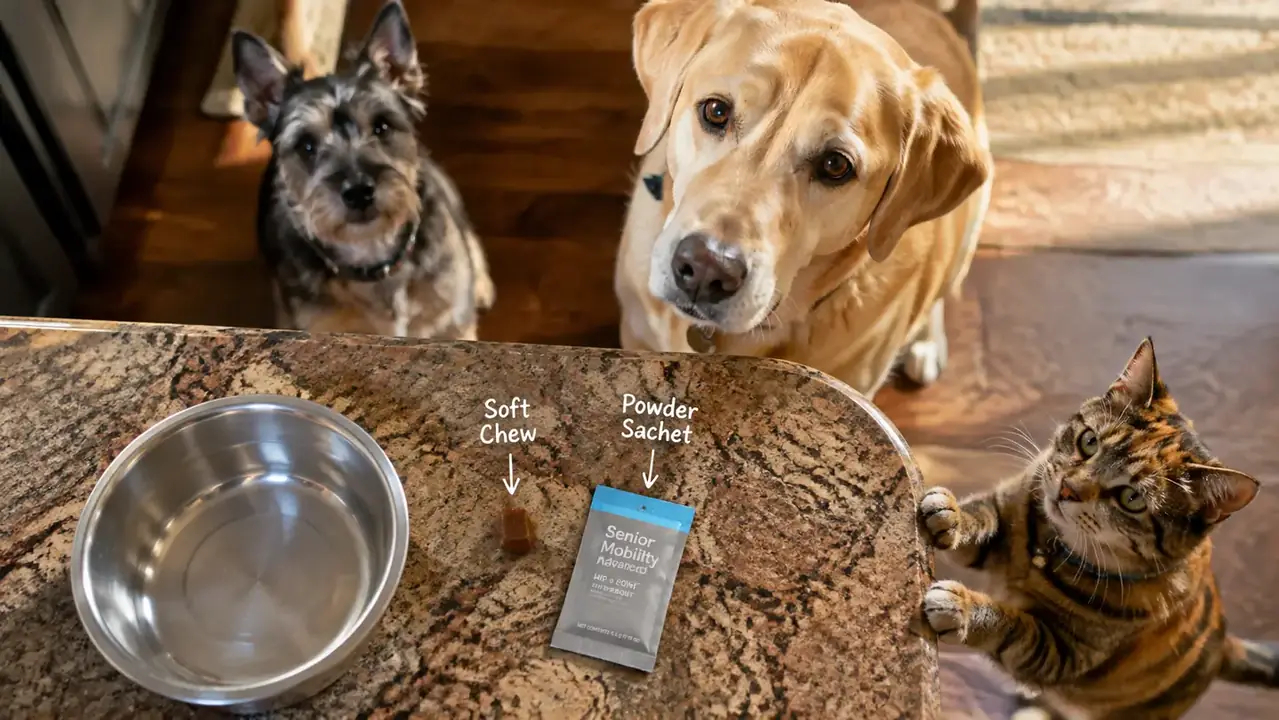 A soft chew treat and a powder sachet side by side on a kitchen counter next to a dog's food bowl