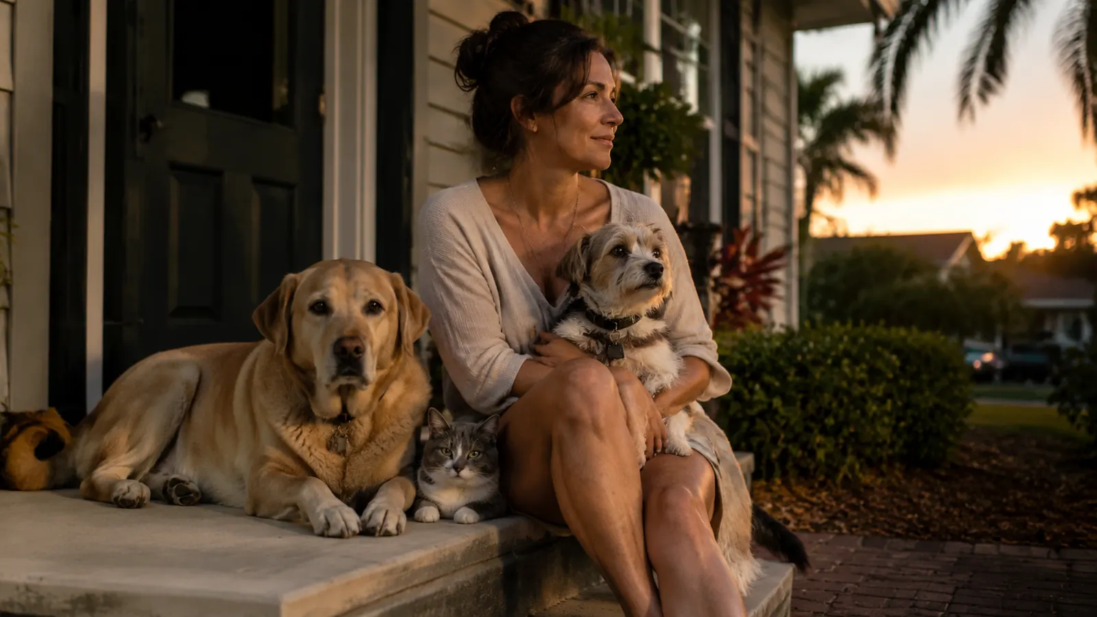A small dog resting close against its owner on a porch at dusk with a soft, quiet evening light