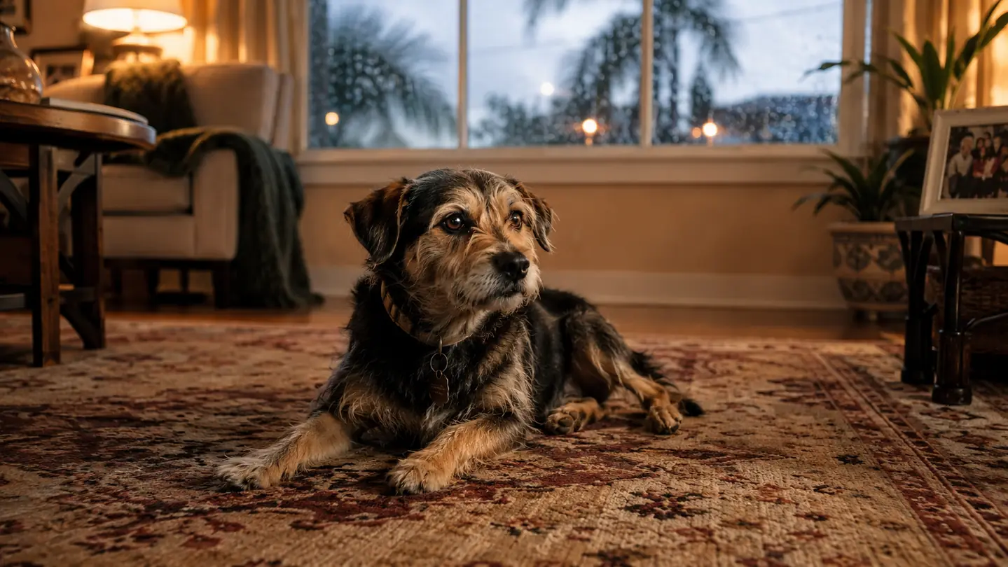 A terrier mix dog lying calmly on a living room rug near a rain-streaked window during a Florida evening storm
