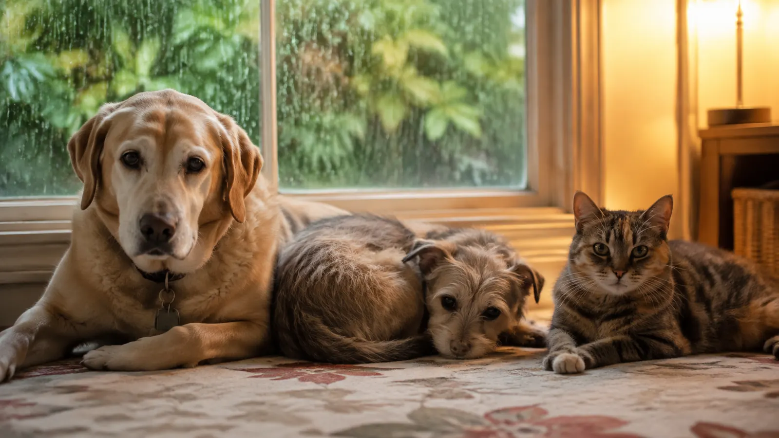 A small terrier mix resting calmly on a living room rug during a rainy afternoon, soft window light