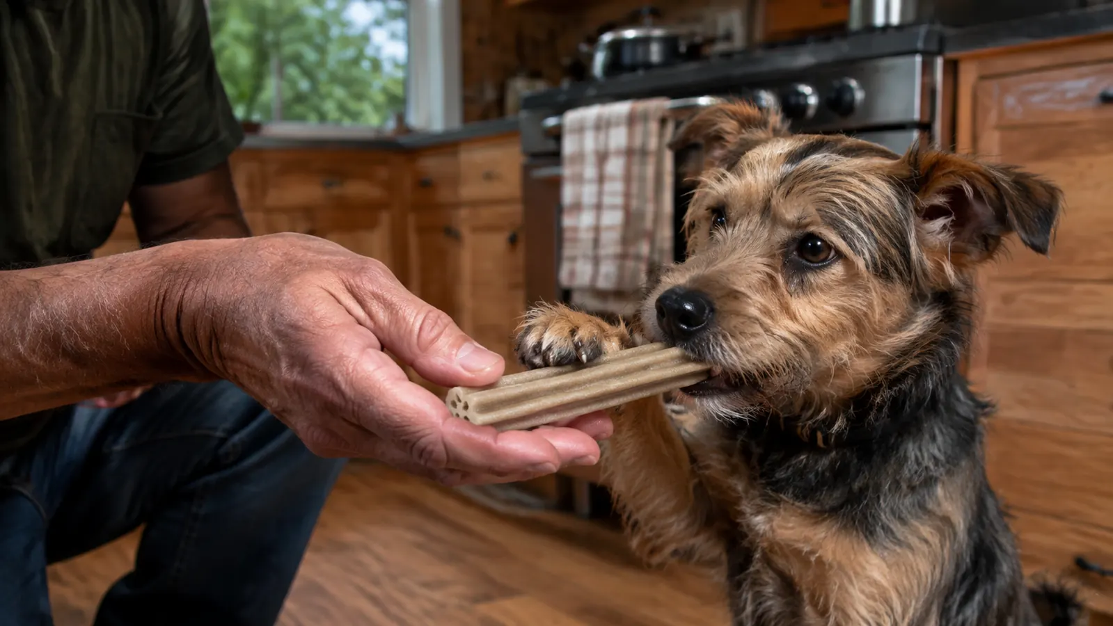 A hand offering a chicken-flavored calming chew to a small dog in a home kitchen