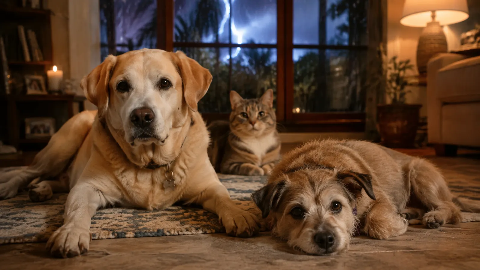 A small terrier mix dog resting calmly on a rug indoors during an evening thunderstorm