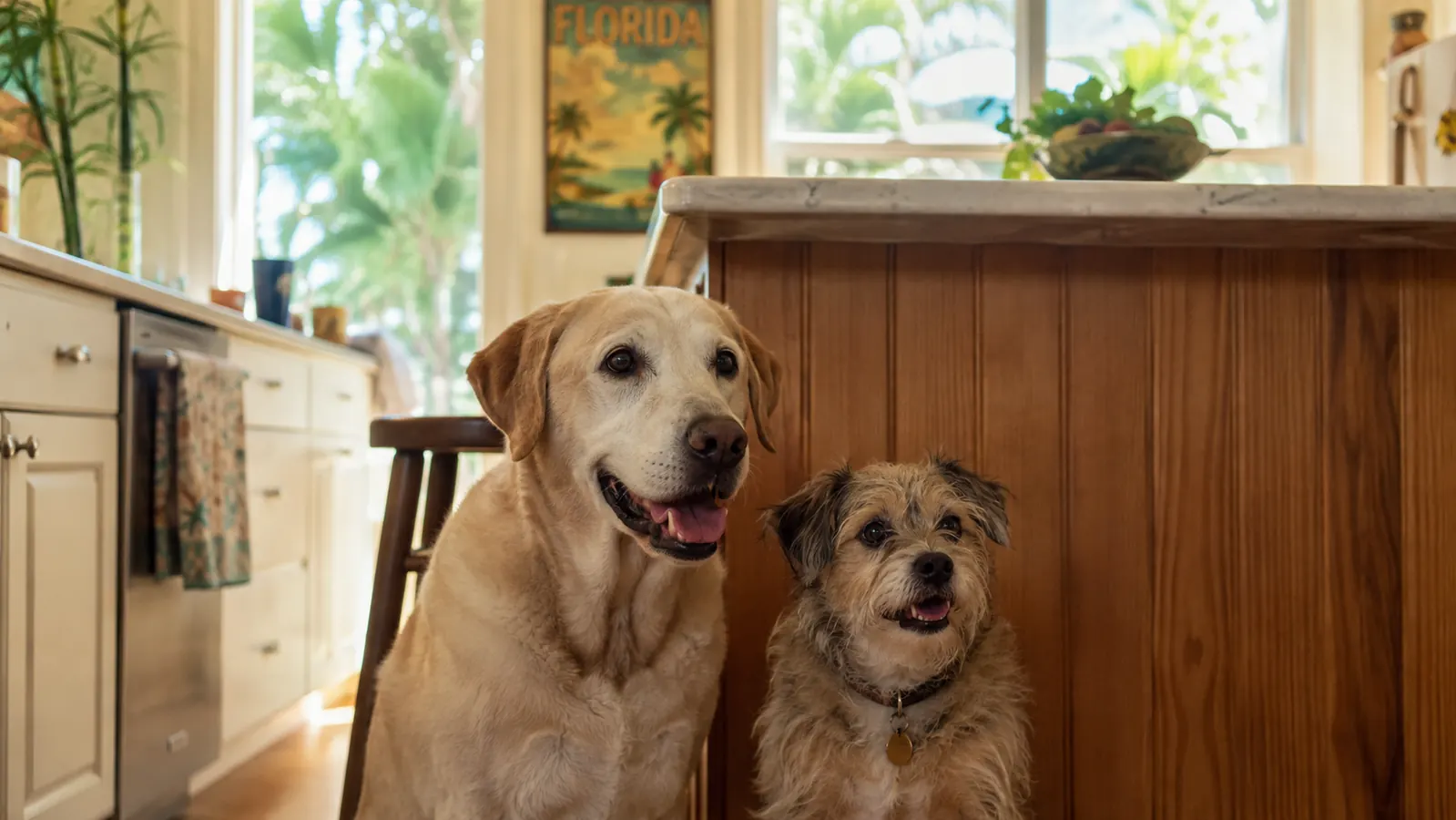 A dog and a smaller terrier mix waiting by a kitchen counter in warm morning light