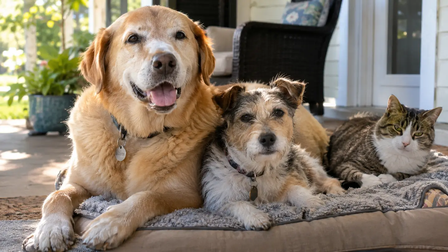 A terrier mix and a Labrador mix dog sitting together on a sunlit porch, both with visibly healthy, shiny coats