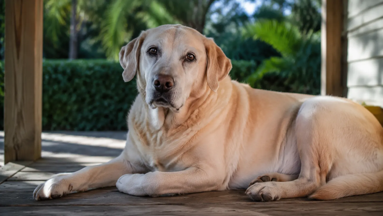 A Labrador mix with a glossy coat resting on a sunlit porch.